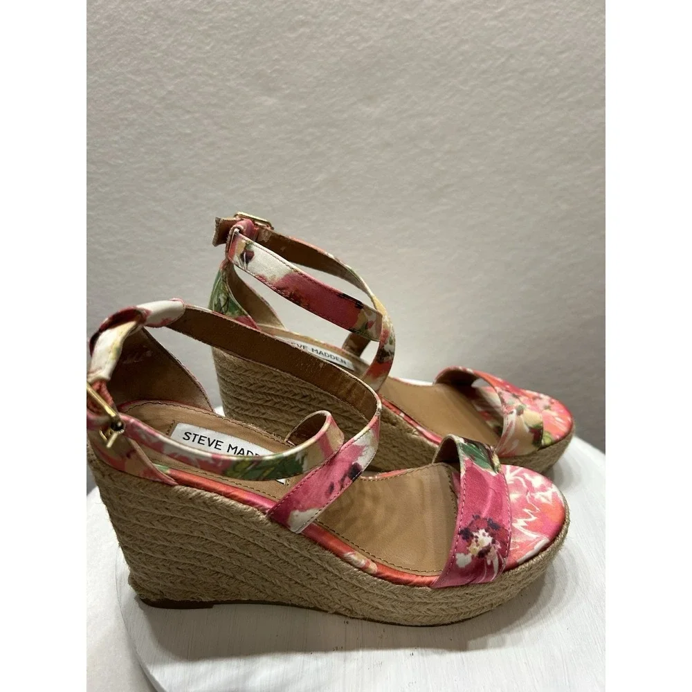 Steve Madden Montauk Espadrille Platform Wedge Fabric Sandals Floral Size 6.5
